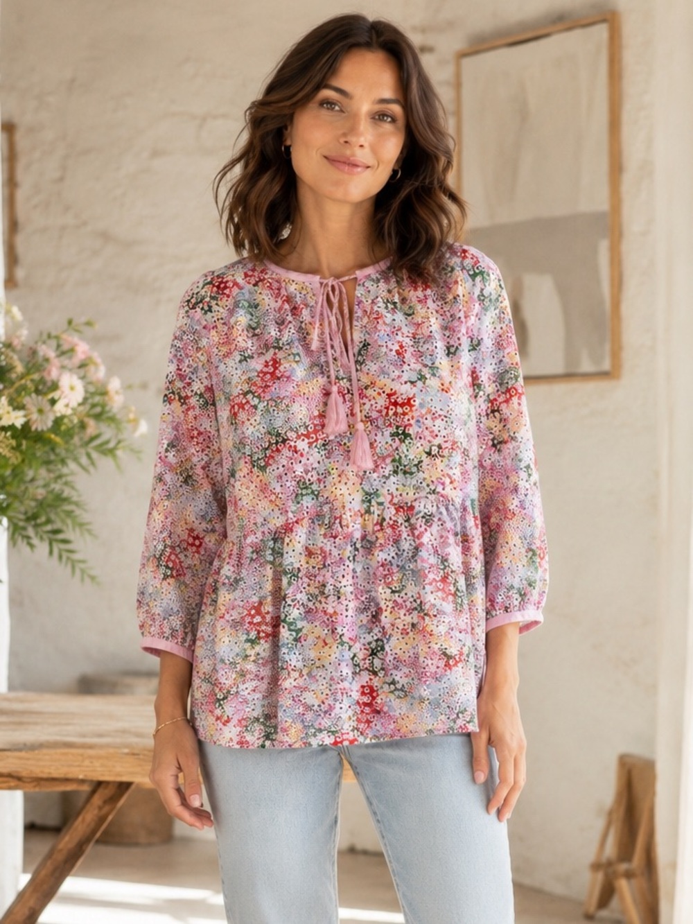 Joules Floral Eyelet Cotton Blouse White Pink Tassel Tie Size 12 - Picture 3 of 12